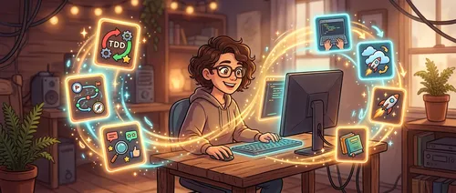 开发者被技能卡片环绕的工作流插图