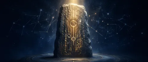 古老石碑与电路纹路，象征软件工程的永恒定律