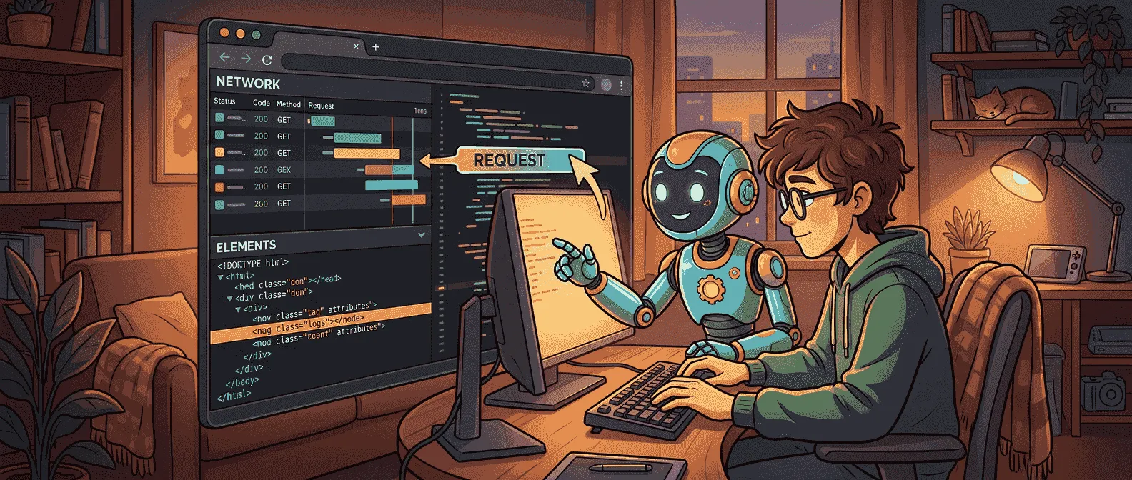 Chrome DevTools MCP 浏览器会话调试概念图