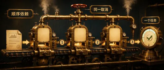 C# 异步流水线：顺序等待、取消与完成