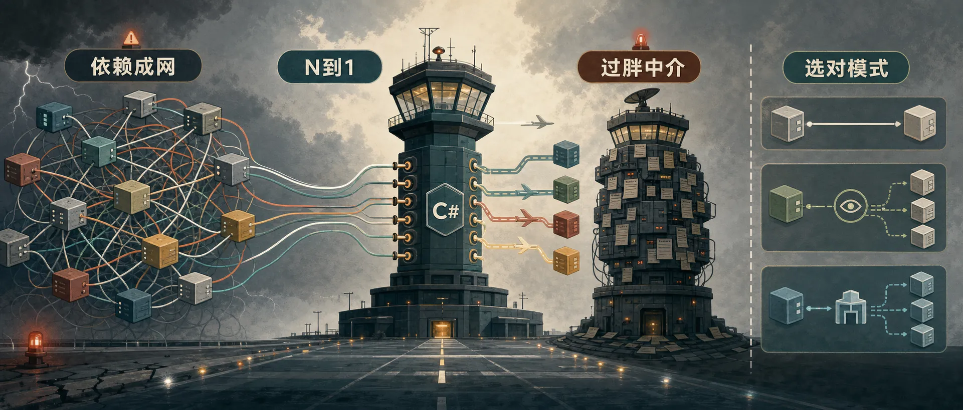 C# Mediator 模式决策：依赖成网、N 到 1 收束、过胖中介和替代模式选择