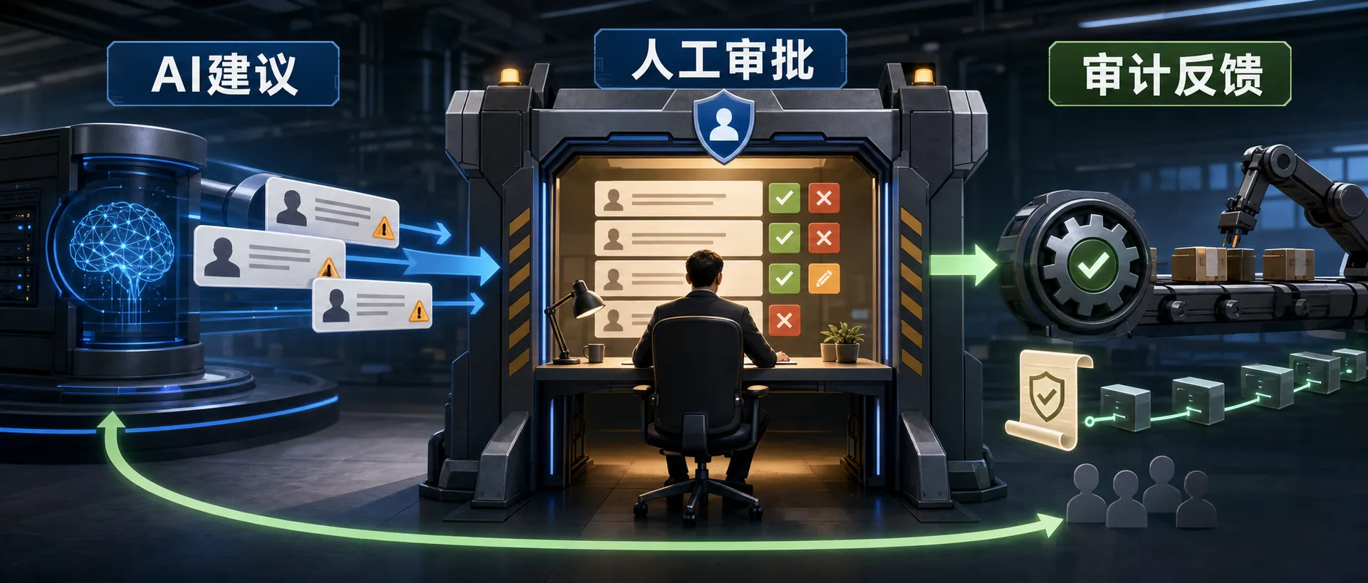Human-in-the-Loop AI 架构：AI 建议、人工审批、审计反馈