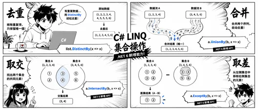 C# LINQ 集合操作全解：Distinct、Union、Intersect、Except 与 .NET 6 的 *By 变体