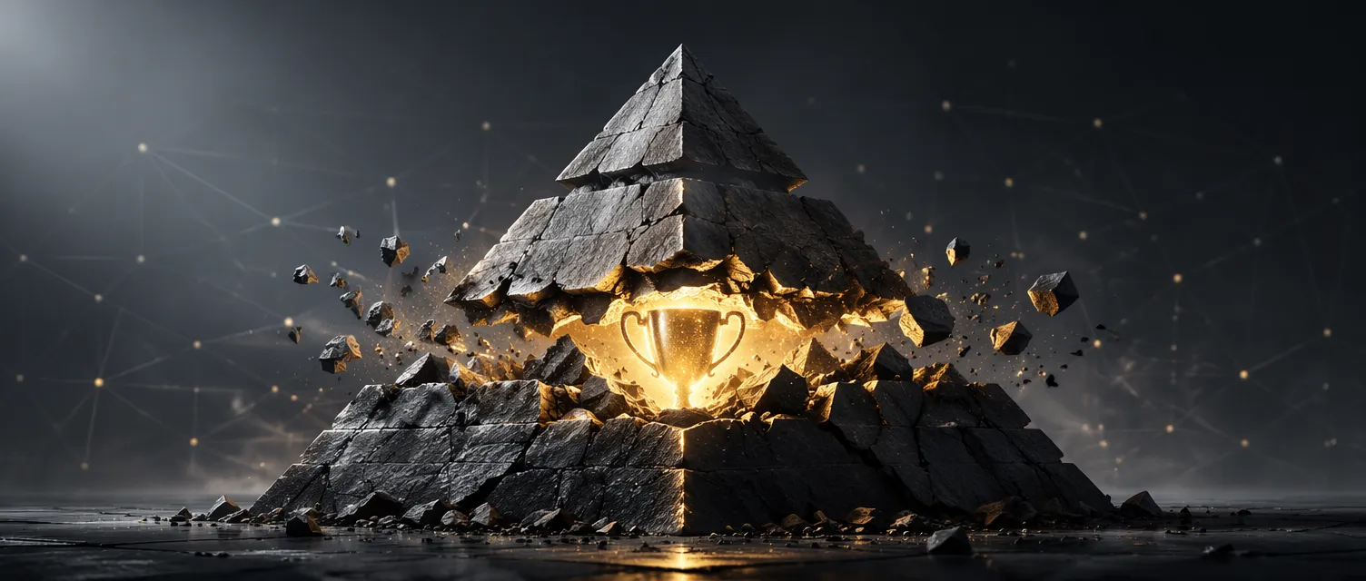 崩裂的测试金字塔，金色奖杯从裂缝中透出光芒