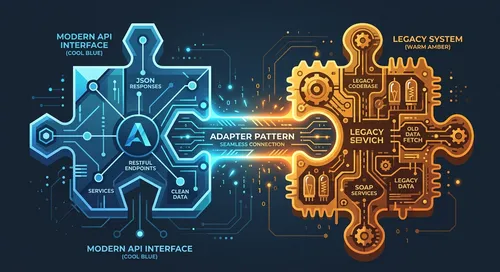 适配器模式示意图：现代 API 接口与遗留系统通过适配器桥接