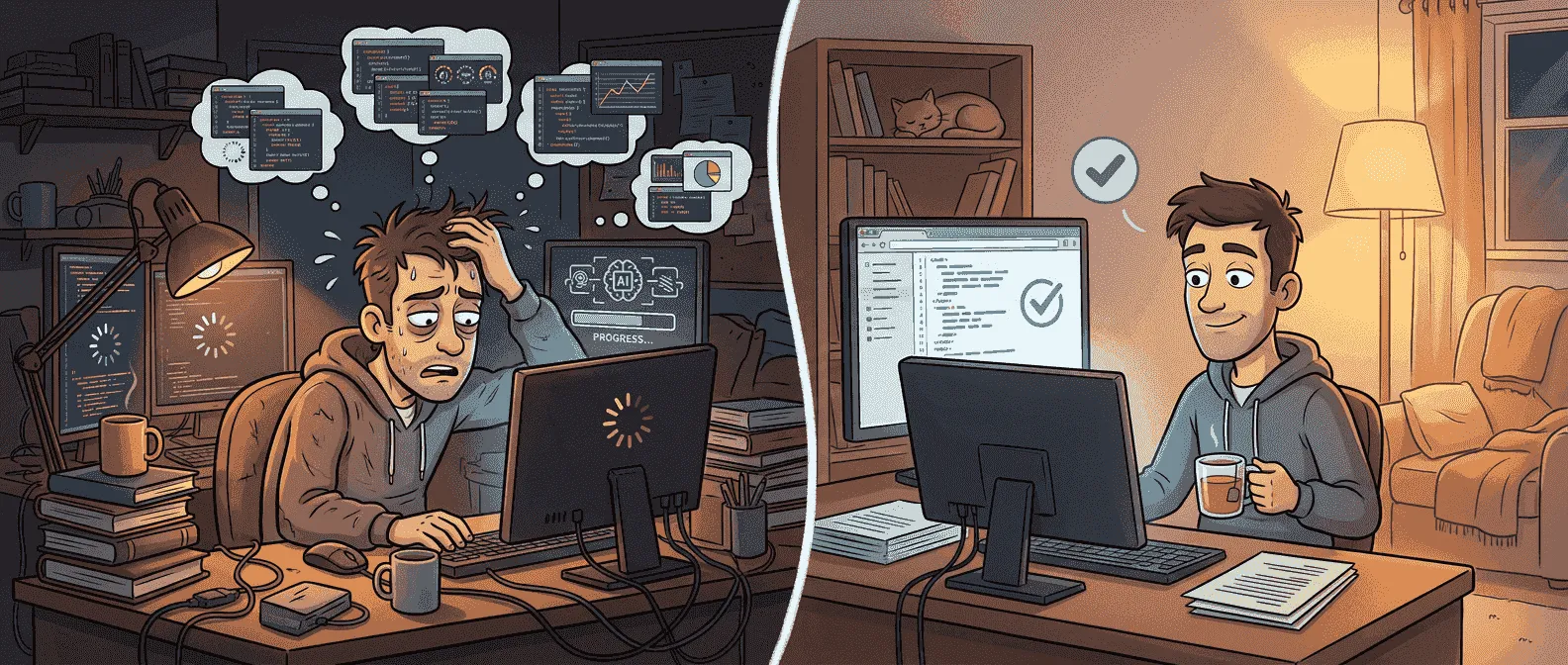 LLM 疲惫感与反馈回路概念图