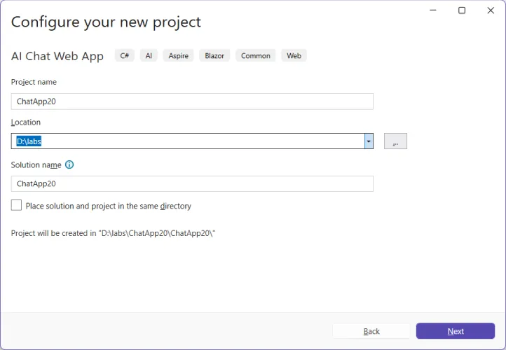 Visual Studio 项目创建对话框