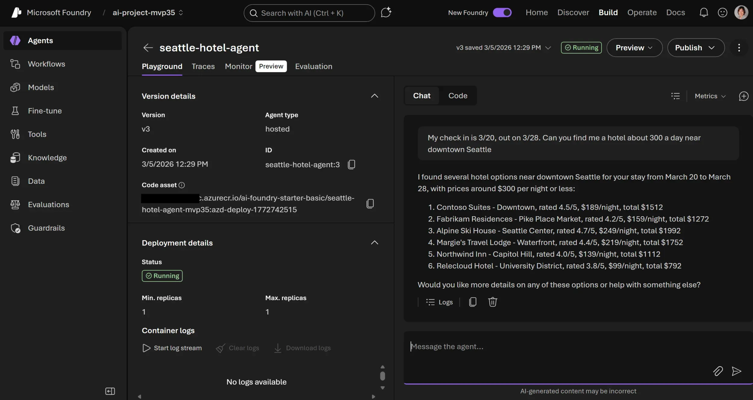 Agent playground in Microsoft Foundry