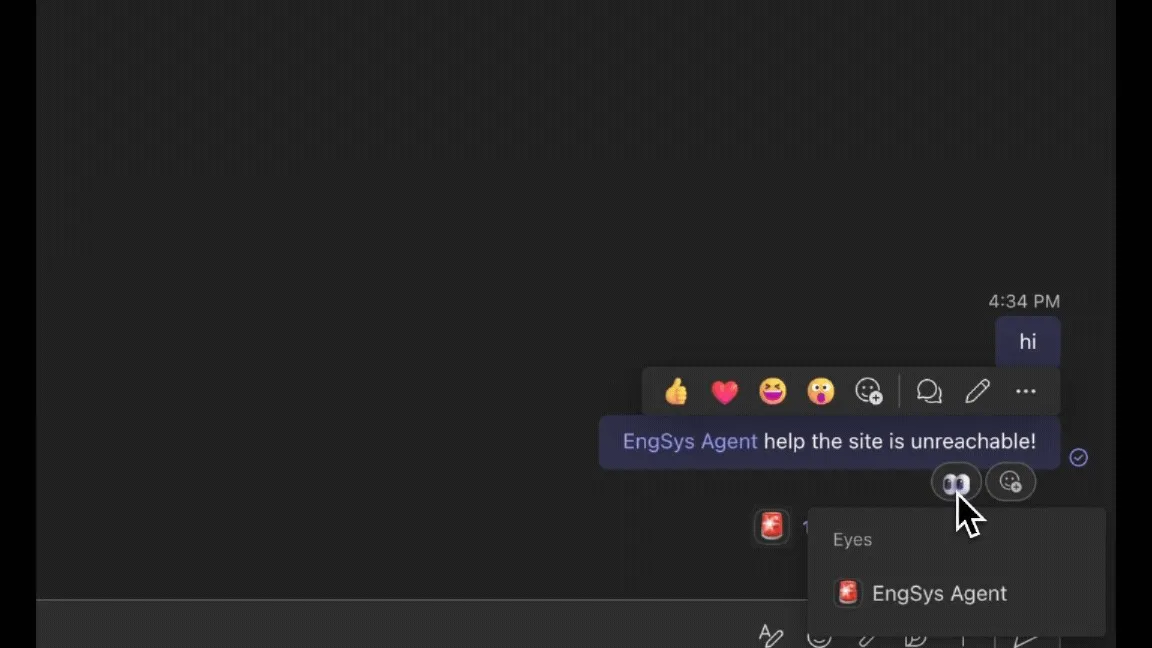 Teams 中 Agent 用 emoji 反应确认收到消息、任务完成后替换为完成标记