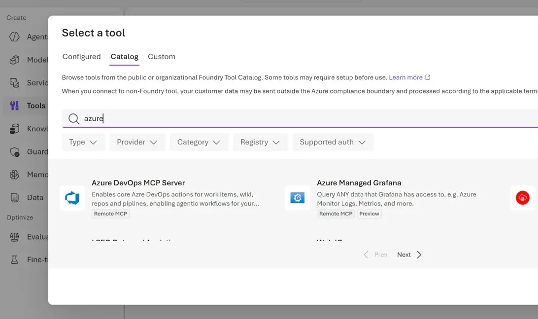 在 Microsoft Foundry 中从工具目录连接 Azure DevOps