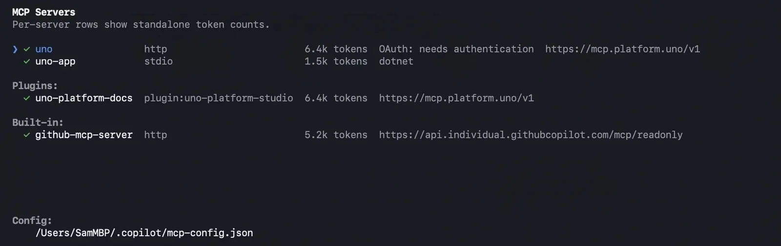 Copilot CLI 中 MCP 服务器的传输、token 成本与认证信息