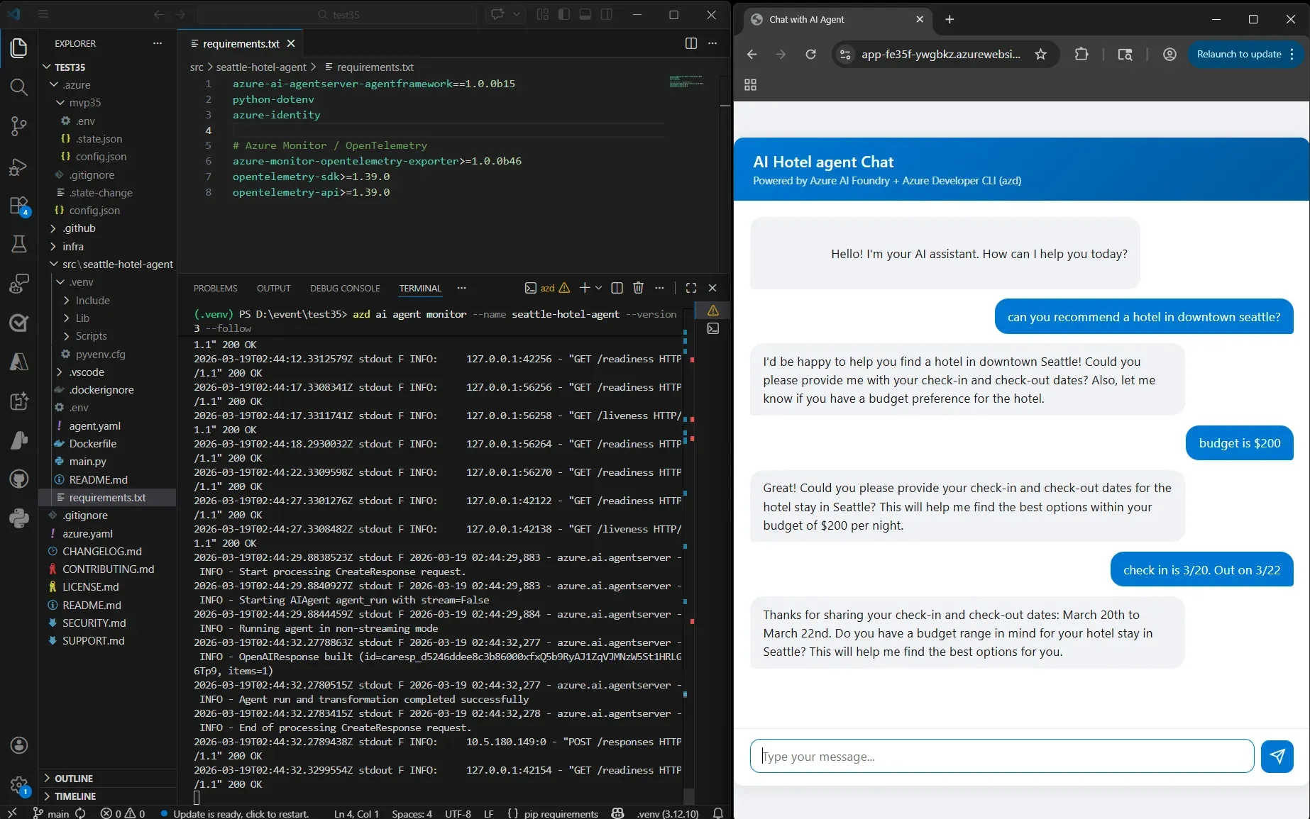 聊天应用 UI 与实时日志监控并排运行