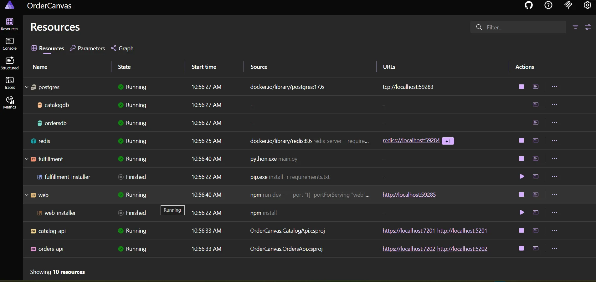 Aspire Dashboard Resources 页面
