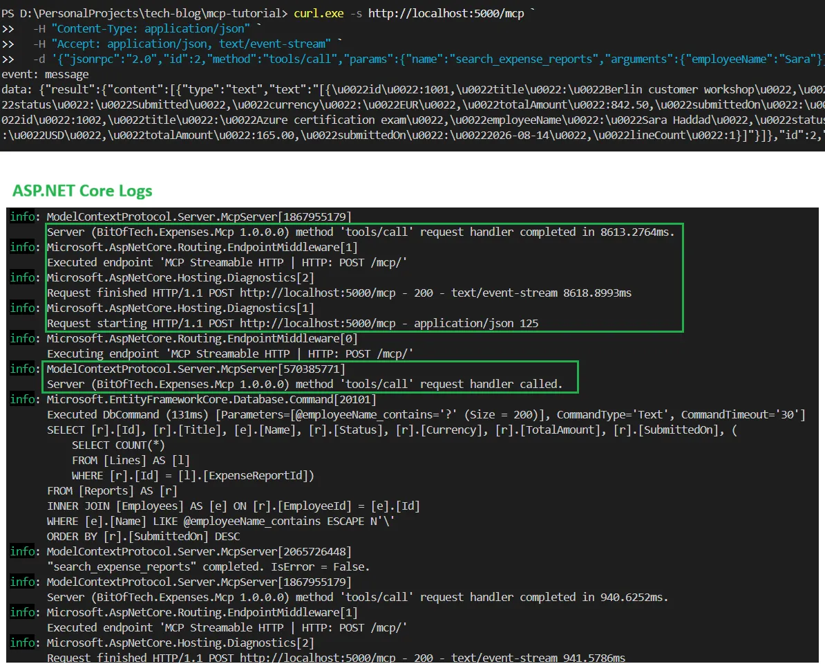 终端中的 curl 请求、text/event-stream 响应与 ASP.NET Core 请求日志和 SQL 语句
