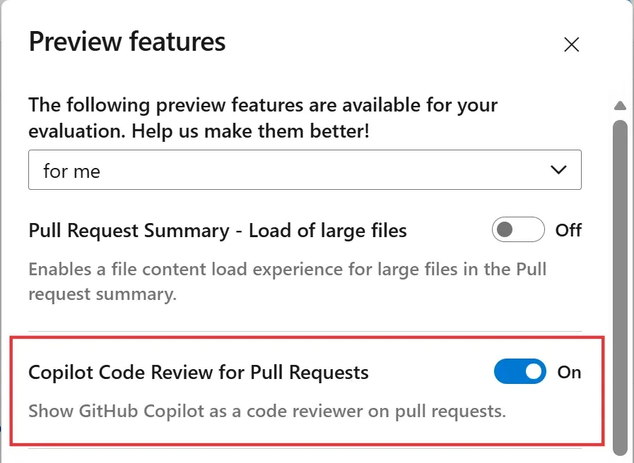 在 Preview Features 中打开 Copilot Code Review for Pull Requests