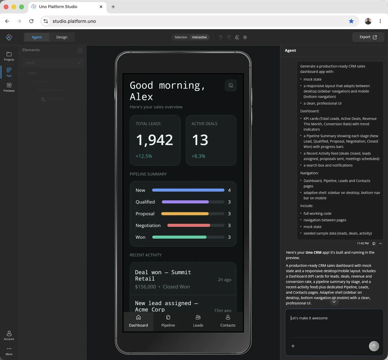 Uno Platform Studio 在浏览器中生成 CRM 仪表盘应用