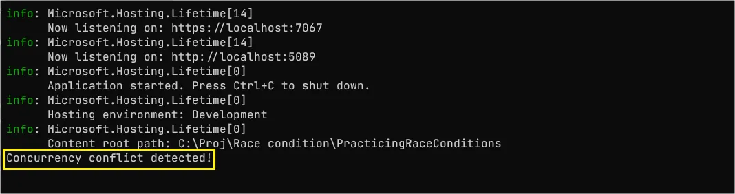 模拟执行结果:控制台输出 Concurrency conflict detected!