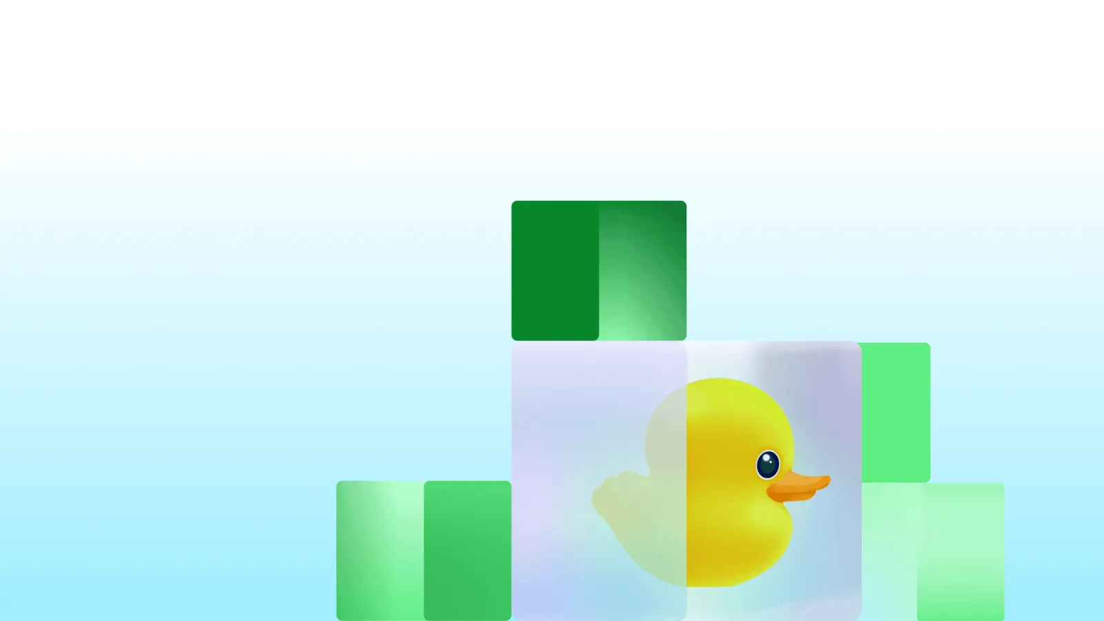 Decorative illustration featuring Ducky inside a translucent cube surrounded by green geometric blocks.