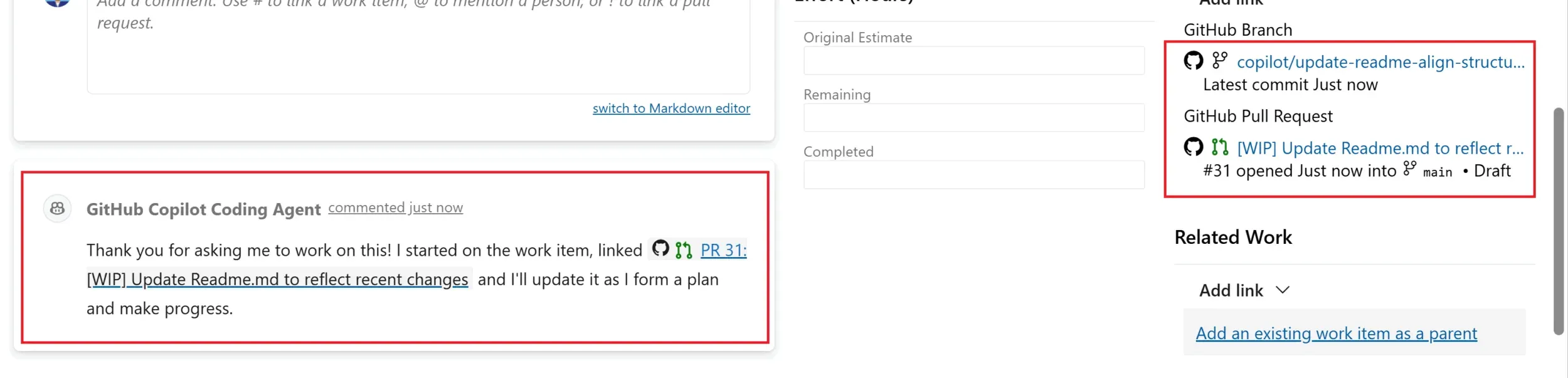 工作项上的链接和评论