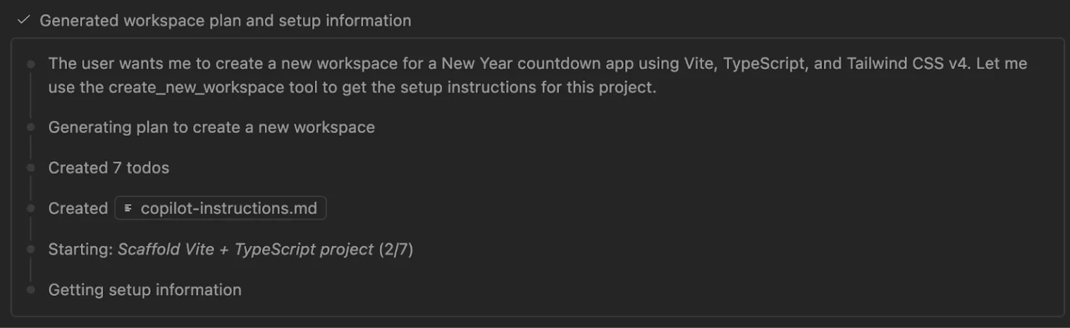 Screenshot of a conversation with Copilot Chat in Visual Studio Code. Copilot has identified that the user wants to create a new workspace for a New Year countdown app using Vite, TypeScript and Tailwind CSS v4.