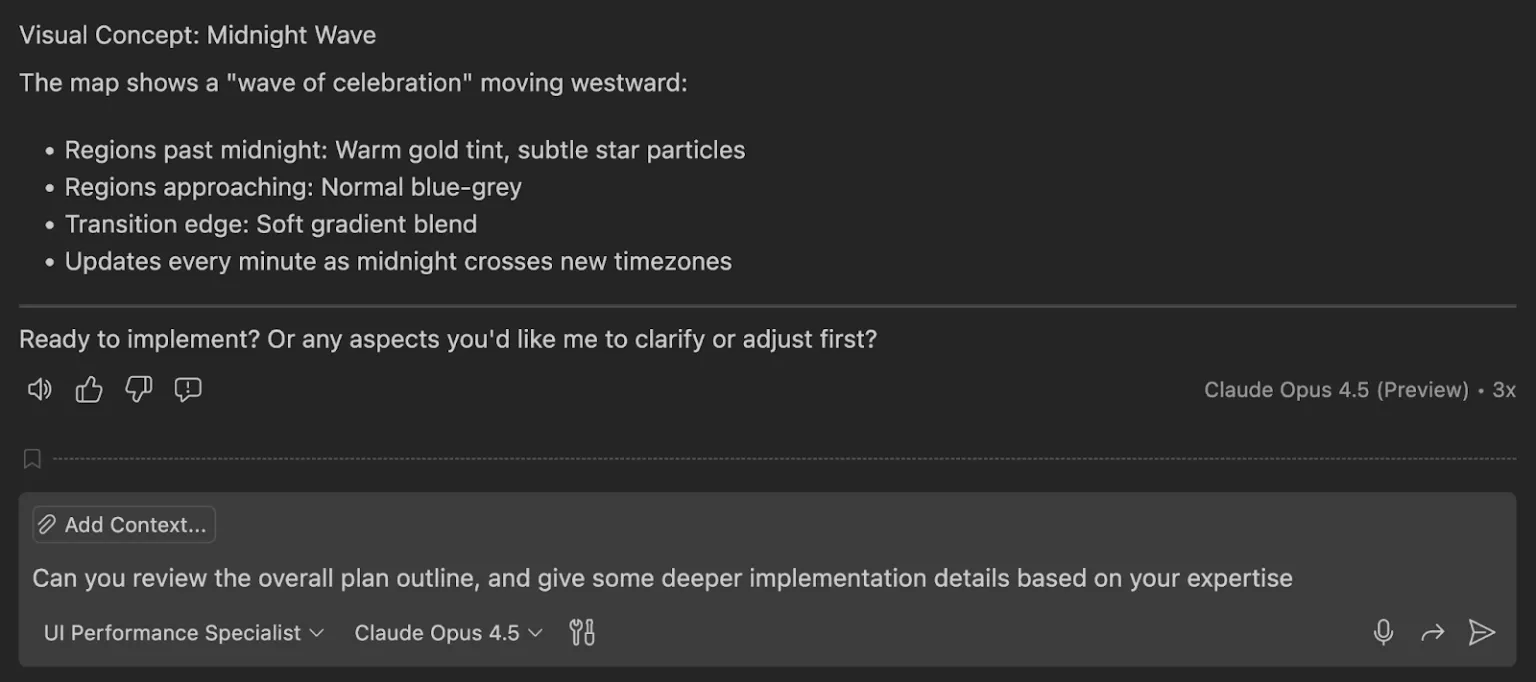 Screenshot of Copilot Chat in Visual Studio Code with UI Performance Specialist agent.